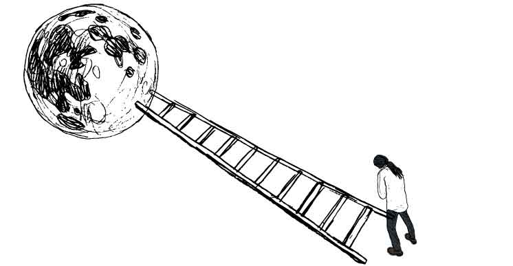 Sketch of person with a ladder to the moon.