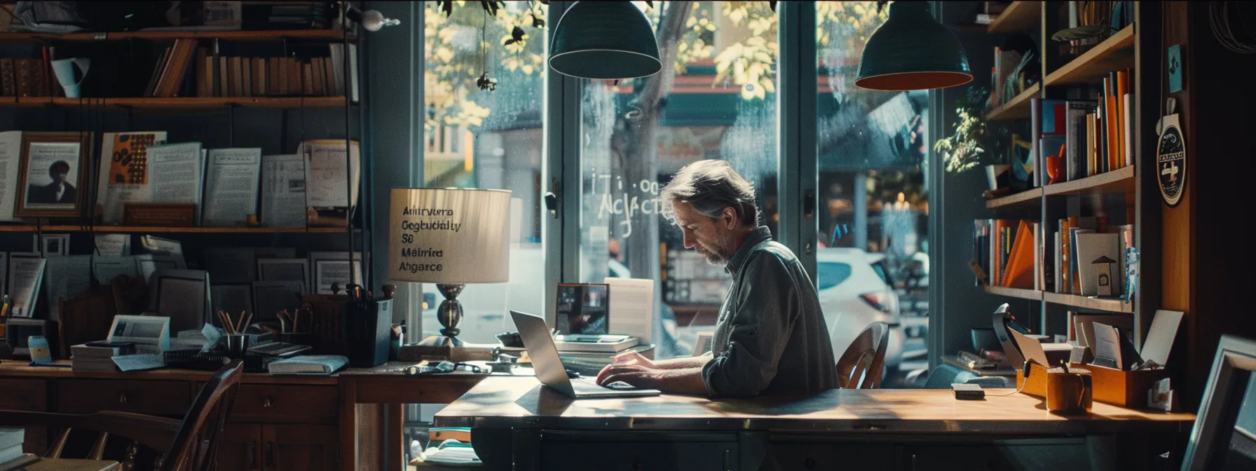 a business owner reviewing their google business profile on a laptop while surrounded by directories and community buildings.