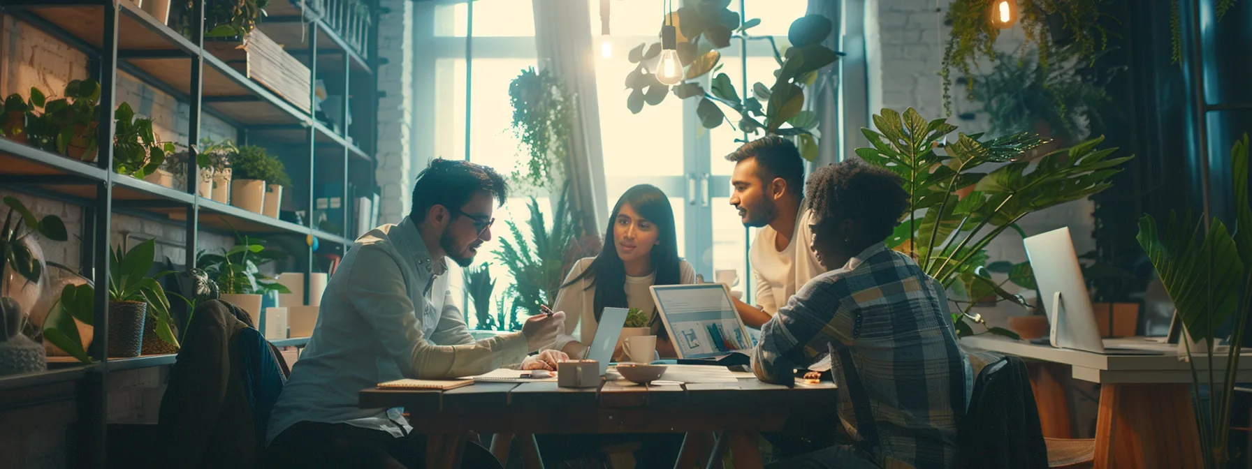 a team of marketers brainstorming new off-page seo strategies in a modern office setting.