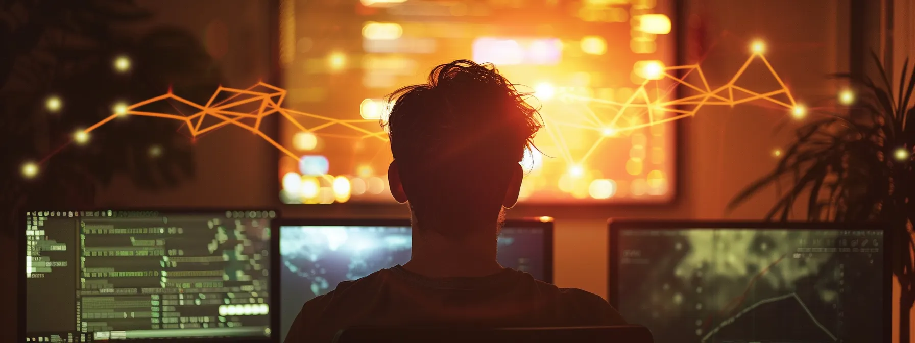 a person analyzing a network of websites with arrows connecting to each other.