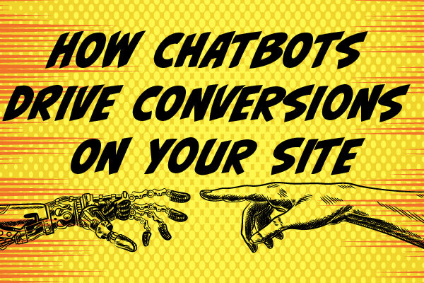 Chatbot blog featured image of robot hand reaching out with its index finger to a human hand.