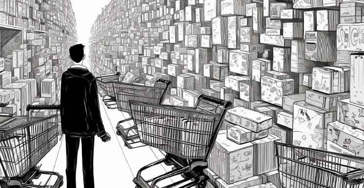 Man in aisle with shopping carts and boxes.