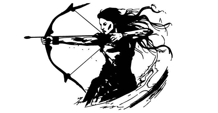 Woman taking aim with bow and arrow in hand.