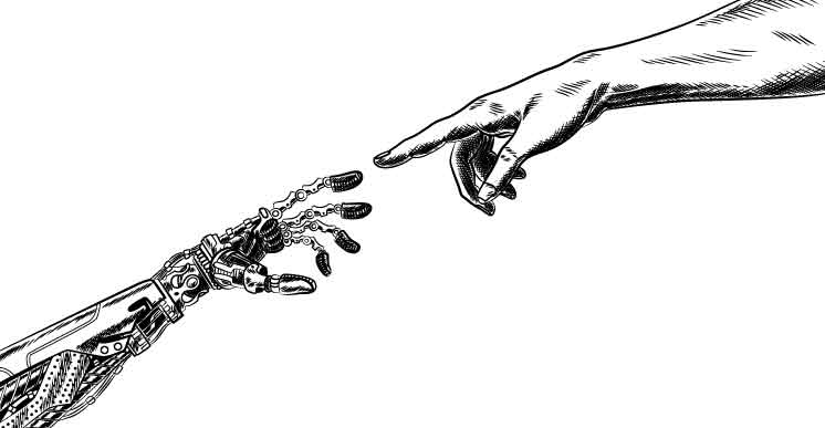 Black and white line art of a robot's hand reaching out to a human's hand, in the style of Michelangelo's painting "The Creation of Adam."
