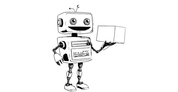 Black and white line art of a smiling, big-eyed robot delivering a box.