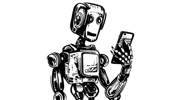 Black and white line art of a smiling robot looking at a mobile phone that it is holding up.