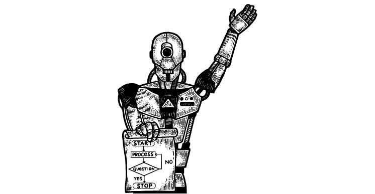 Black and white line art of a robot holding up its left hand while holding out a set of rules, a process, in its right hand for the reader to see.