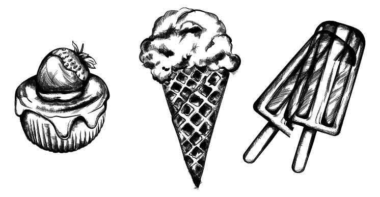 black and white vector lineart of frozen treats like ice cream and fudgesicles.