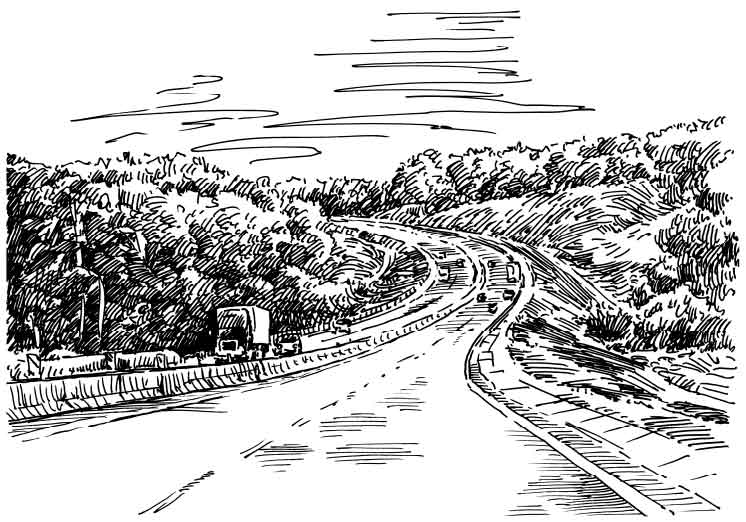black and white vector line art of a long winding road.