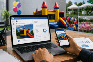 Party rental Facebook ads on laptop screen
