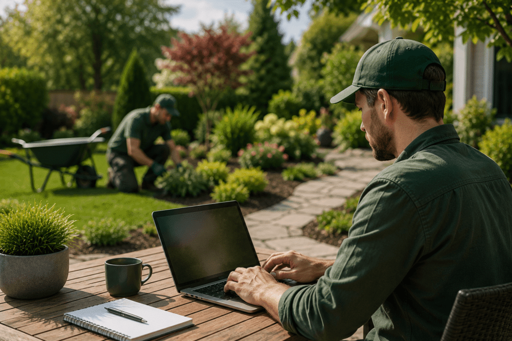 Man in a green cap and shirt types on a laptop at a wooden table in a landscaped backyard while two gardeners work among plants in the background.