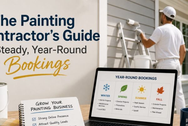 Painter on a ladder painting a house beside a large sign reading 'The Painting Contractor's Guide to Steady, Year-Round Bookings' with a laptop showing 'Year-Round Bookings' screen.